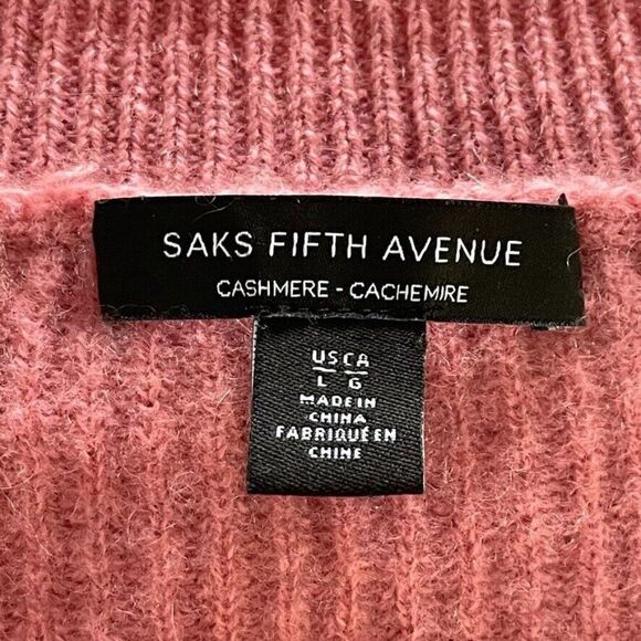 Saks Fifth Avenue Womens Pink 100% Cashmere Soft V Neck Ribbed Sweater Sz L - Picture 2 of 7